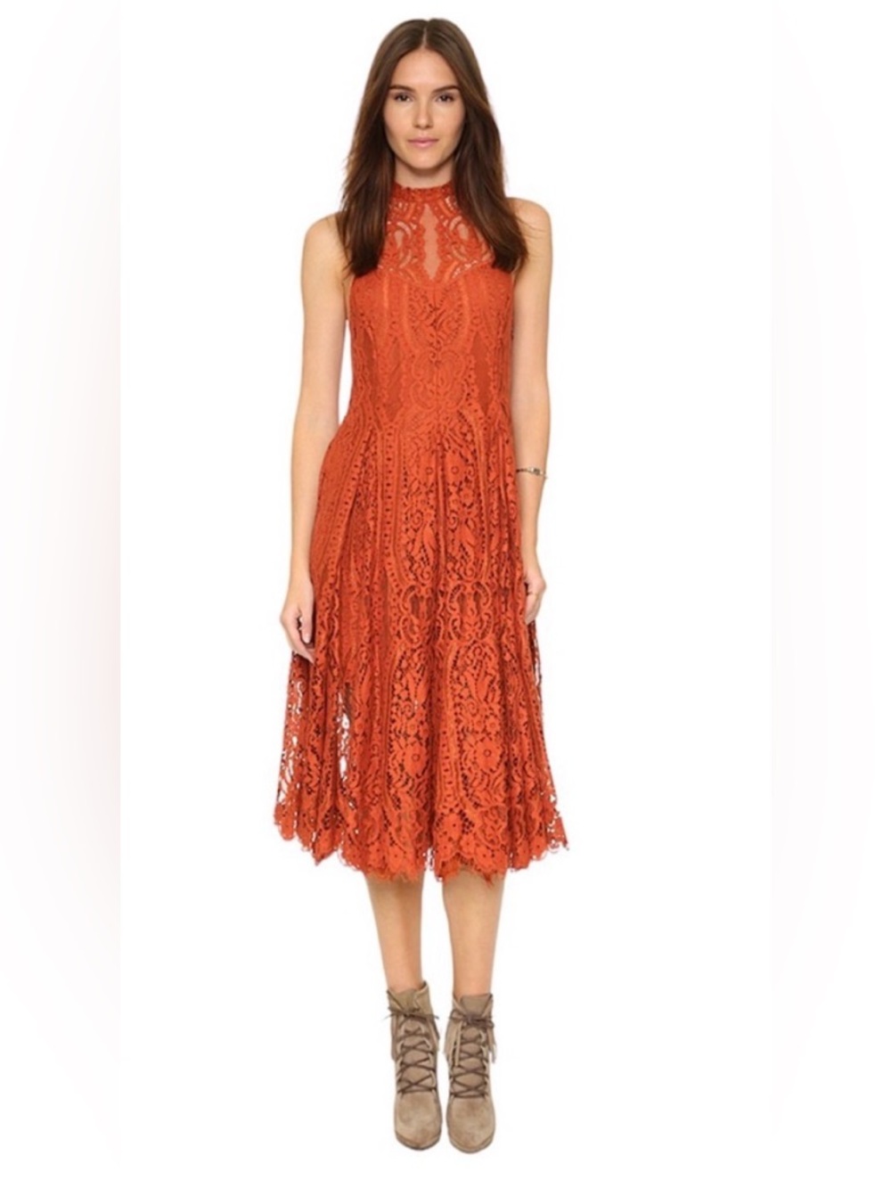 Free People Angel Rays Burnt Orange Lace Midi Dress - Size XS EUC